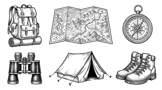 Camping and hiking collection featuring backpack, map, compass, binoculars, tent, boots and outdoor adventure gear