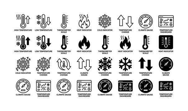 Temperature and climate control icon set featuring thermometer, snowflake, heat indicator, weather gauge and HVAC measurement