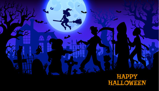 Halloween graveyard landscape with holiday characters silhouettes, vector greeting card. Happy Halloween with monster silhouettes of witch on broom, zombie and death reaper at cemetery or graveyard