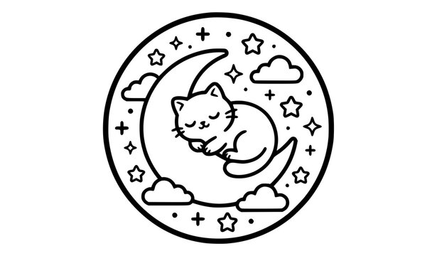 Kawaii cat sleeping on moon coloring page vector cute celestial cartoon kitten line art icon