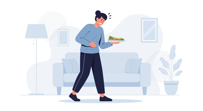 Woman Experiencing Stomach Pain After Eating Food and Walking in a Living Room Setting