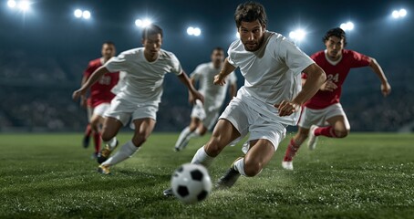 Naklejka premium Football players fiercely contesting a match on lush green turf illuminated by stadium lights, capturing intense energy.