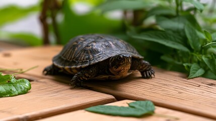 Obraz premium A furry playful turtle sits comfortably on a warm wooden porch surrounded by beautiful natural scenery