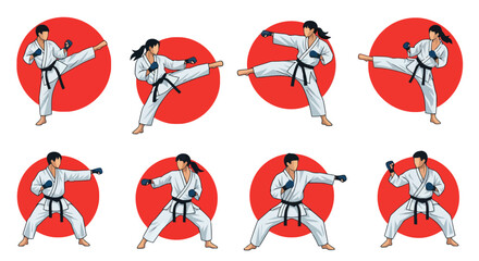 Fototapeta premium Collection of eight karate poses performed by a woman in a white gi with a black belt, set against red circles.