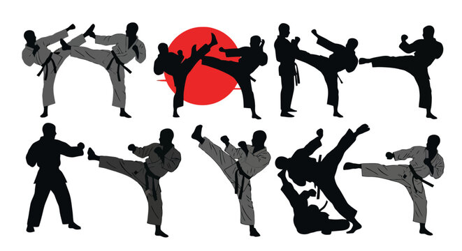 Collection of silhouetted martial artists performing various karate kicks and stances against a white background with a red circle.