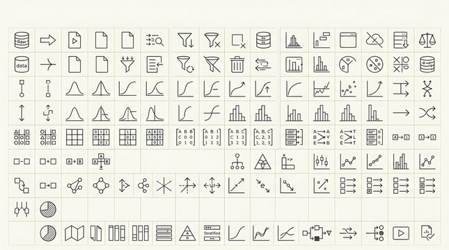 Various icons and symbols arranged on a grid background pattern