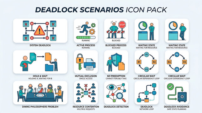 Business professionals encountering system deadlock problems in office settings with workflow diagrams