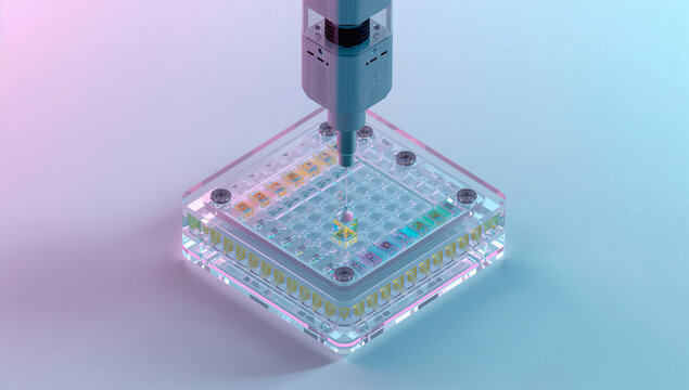 透明なバイオチップに色付き液体を注入する研究イメージ