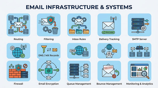 The RJ_PQQBIV_VF.svg infographic illustrates various email infrastructure and systems concepts.