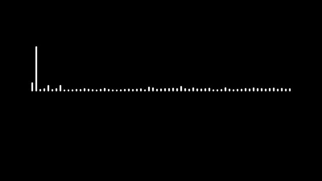 Digital sound visualization featuring glowing white waveform patterns and animated frequency bars on black background for voice recording interfaces and music branding in 4k video.
