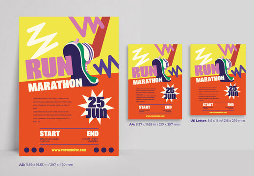 Run Marathon Event Poster Template Layout Set, Colorful Bold Vector Print Flyer Kit with Geometric Modern Patterns