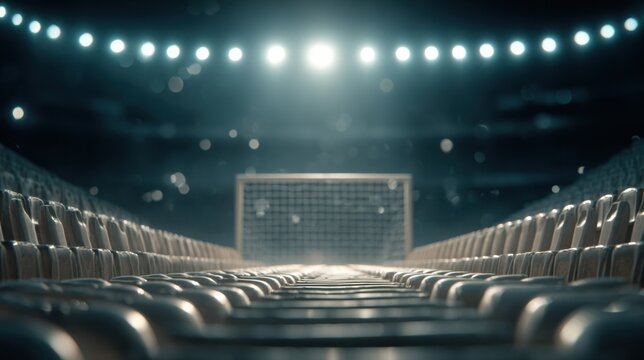 Medium shot capturing the soccer goal area in sharp focus with outoffocus rows of empty bleachers and evening sky overhead highlighting the readytoplay atmosphere.