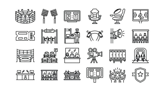 Soccer stadium line icons set, 24 professional football arena vector elements, sports match equipment and tournament facility symbols isolated PNG with Transparent Background
