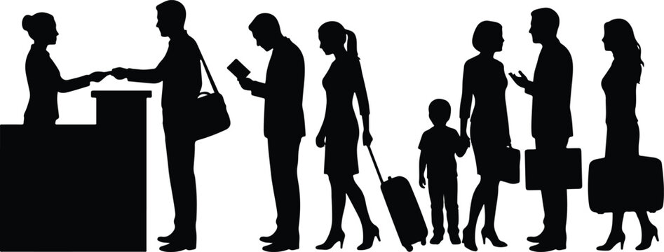 Airport check-in counter silhouettes, travelers waiting in queue with luggage, passengers at reception desk vector illustration