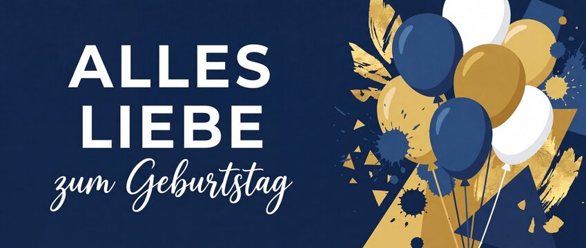 Alles Liebe zum Geburtstag banner with blue gold balloons and abstract golden leaves elements for elegant German happy birthday greeting card header, luxury navy blue festive celebration background.