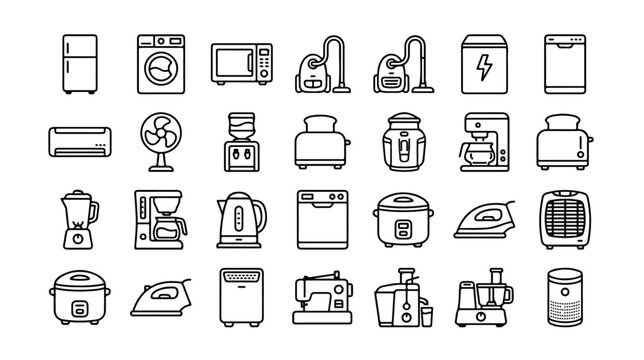 Minimalist home appliances icon set, 28 linear kitchen and household electronics vector symbols, modern black outline domestic equipment collection isolated PNG with Transparent Background