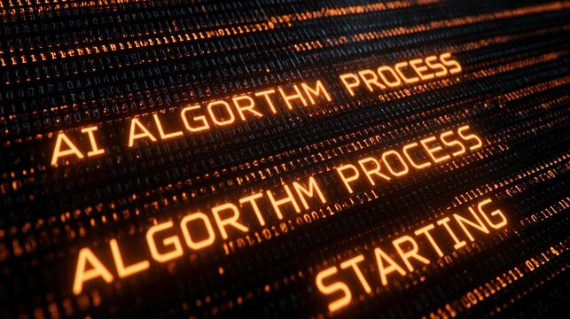 AI algorithm process starting on glowing digital data stream with orange backlighting