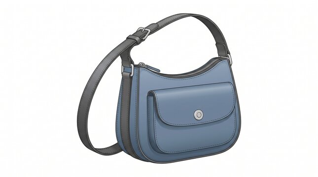 Isolated studio shot of a modern blue hobo shoulder handbag featuring a grey strap and front pocket flap
