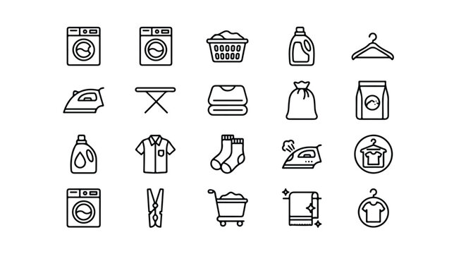 Laundry service line icons set, 20 washing and dry cleaning vector symbols, household chore and garment care outline graphics for web and apps isolated PNG with Transparent Background