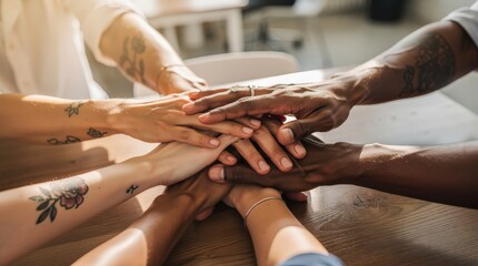 Obraz premium Diverse group of tattooed hands stacked together on a wooden table symbolizing unity and teamwork.
