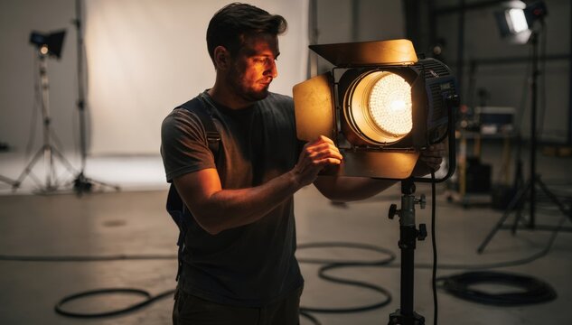 Medium shot of gaffer adjusting a warmtone light fixture creating soft cozy ambiance on set with blurred background featuring diffusers and cables.