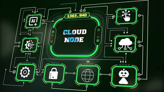 Hi-tech digital network matrix with text cloud node, premium motion graphics backdrop for corporate IT presentation loops