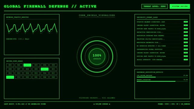 Global Firewall Defense Active System Secure Animation Green Screen.