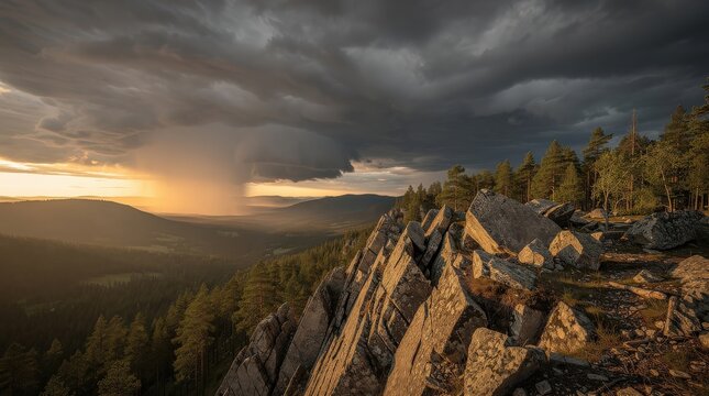 A dramatic storm approaches a rugged rocky ridge overlooking a dense forest valley at sunset.