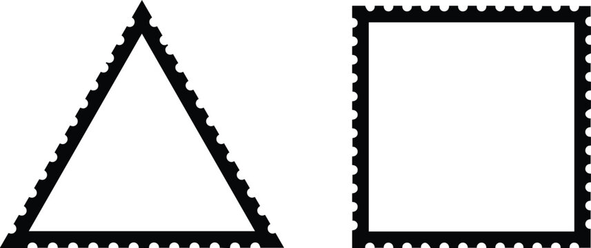 Postage stamp frames vector illustration set, blank perforated border shapes triangle square flat design