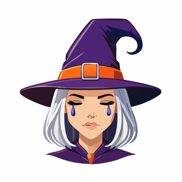 Cartoon witch with purple hat crying