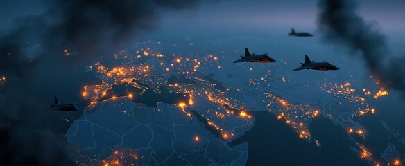 Fototapeta premium Middle East conflict zones highlighted with glowing orange markers and fighter jets against a smoky twilight sky.