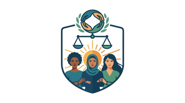 Diverse group of women under a shield emblem with scales of justice and unity hands.