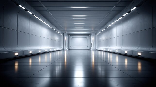 Illuminated futuristic interior passage extends toward a closed bulkhead door in a symmetrical composition