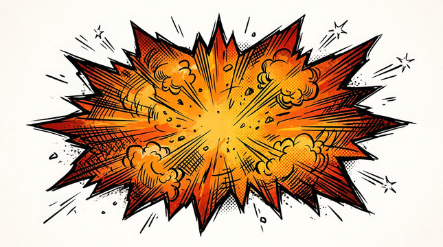 A comic book-style illustration depicts an intense explosion with vibrant orange and yellow hues, showcasing a dynamic action scene.