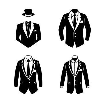 Four elegant black tie outfits with top hats - A clean set of four stylish black tie outfits featuring tuxedos, bow ties, and top hats in a minimalist style.