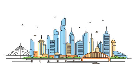 Obraz premium A vibrant cityscape illustration featuring a diverse collection of modern skyscrapers and bridges against a clean white background.