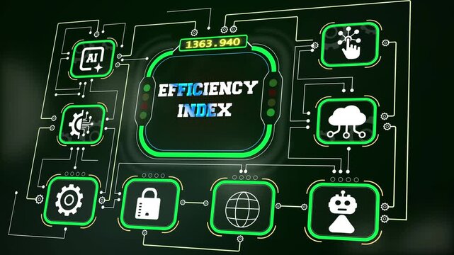 Corporate business performance HUD dashboard tracking productivity statistics alongside text efficiency index