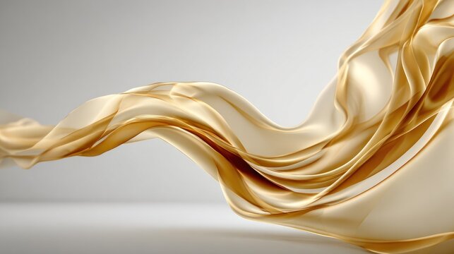 Flowing golden sheer fabric drifts across a minimalist light gray background
