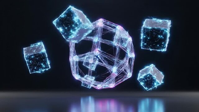 Abstract glowing digital cubes and geometric shapes floating in dark space, futuristic technology concept with particle effects and blue neon lights