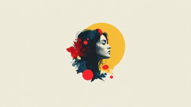 Stylized profile portrait of a female figure framed by abstract circular shapes