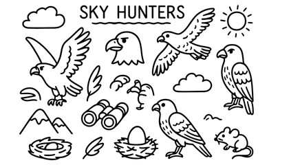 Fototapeta premium Sky hunters bird and predator wildlife doodle set