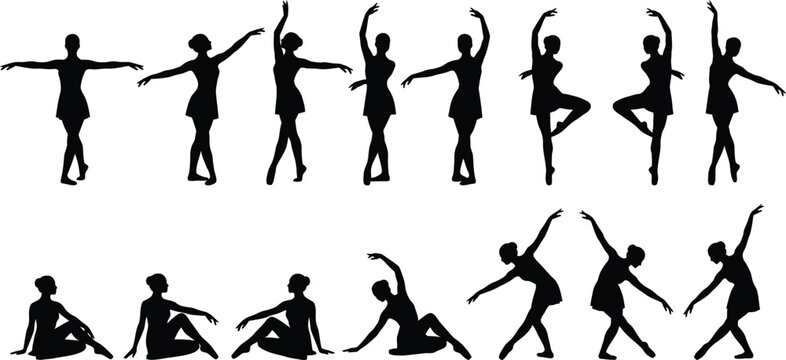 Ballet dancer silhouette set woman in various dance poses vector graphic element isolated on white background