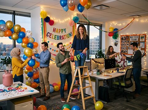 People celebrating a happy office party with balloons and decorations