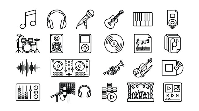 Minimalist music icons set, 24 black line vector musical instruments and audio equipment, professional studio recording and DJ performance symbols