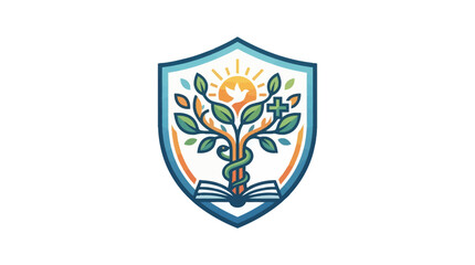 Fototapeta premium Christian education shield logo with tree of life and open book.