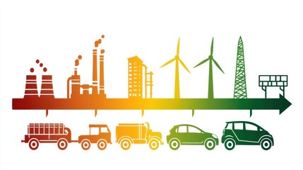 Fototapeta premium The visual shows a horizontal timeline illustrating the shift from coal through oil and gas to renewable energy and electric vehicles with icons.