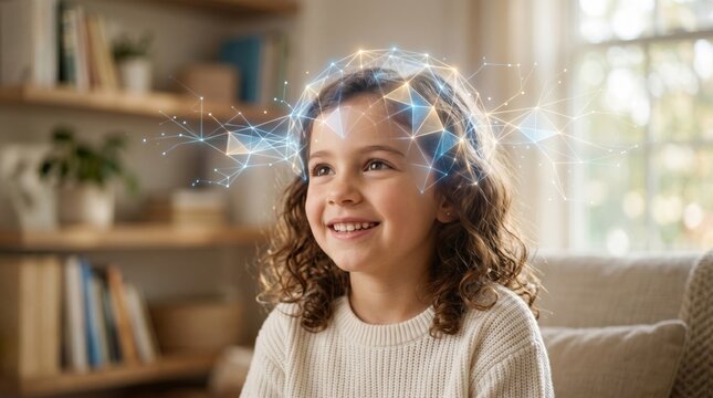 Little girl with glowing digital network above head represents brainstorming and imagination. Artificial intelligence and futuristic education concept for child development and creative thinking.