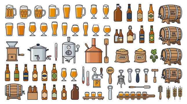 Beer Making Process Icons and Elements Set