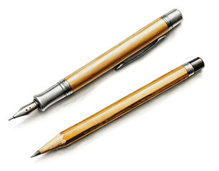 Naklejka premium Fountain pen and pencil . Watercolor digital illustration. Stationery items are isolated in the background
