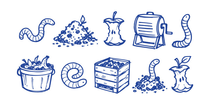 vermicomposting elements and compost worm doodle icon set vector illustration
